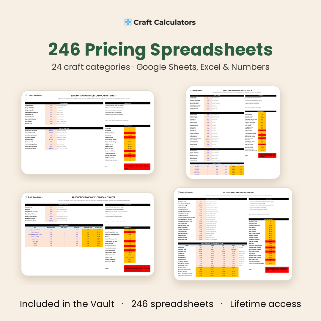 246 pricing spreadsheets across 24 craft categories for Google Sheets, Excel and Numbers