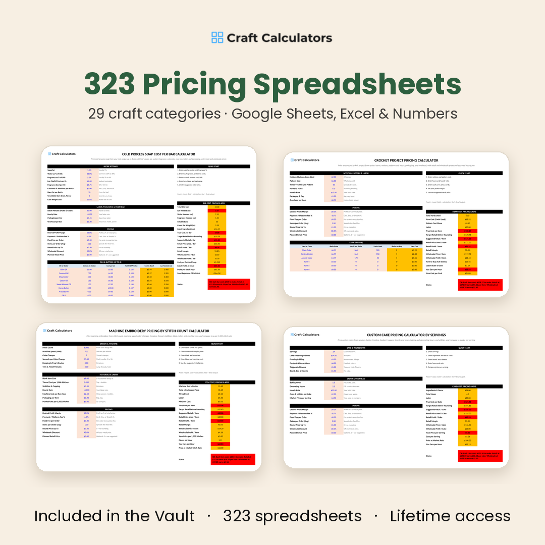 323 pricing spreadsheets across 29 craft categories for Google Sheets, Excel and Numbers
