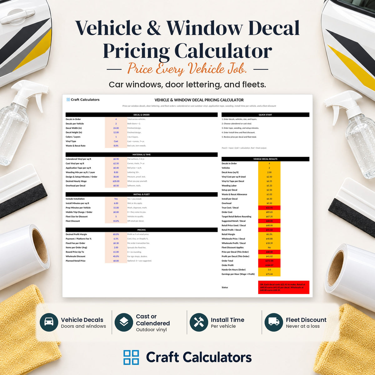 Vehicle & Window Decal Pricing Calculator spreadsheet by Craft Calculators for decal and sticker sellers