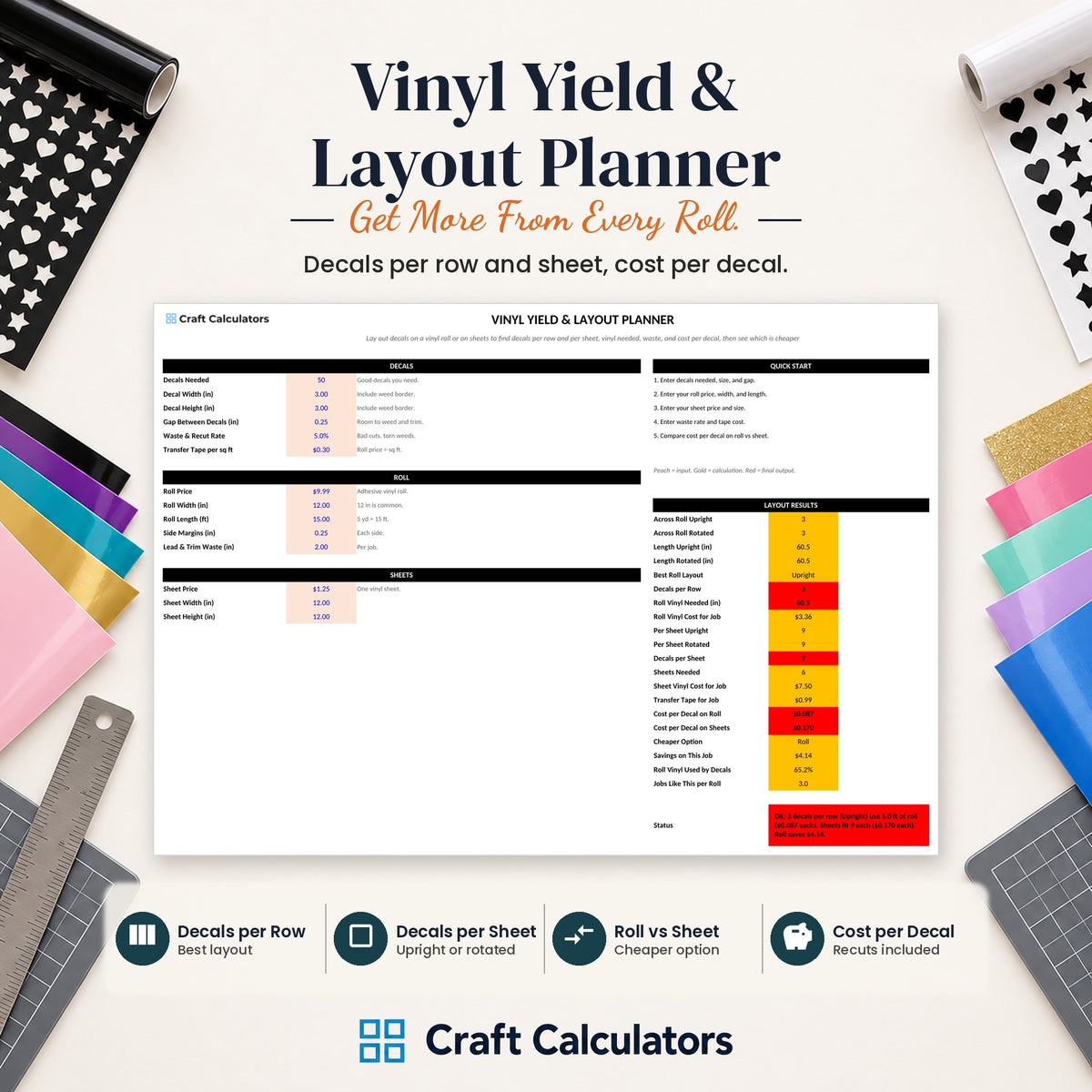 Vinyl Yield & Layout Planner spreadsheet by Craft Calculators for decal and sticker sellers