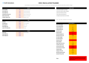Vinyl Yield & Layout Planner screenshot showing inputs, calculated results, and status line