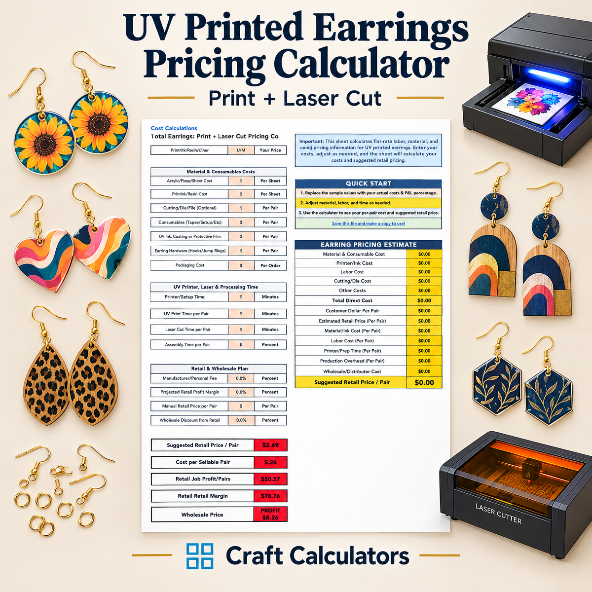 UV Printed Earrings Print + Laser Cut Pricing Calculator Spreadsheet cover image