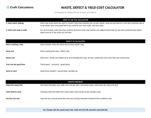 Waste, Defect & Yield Cost Calculator instructions tab explaining how to use the workbook and what the results mean
