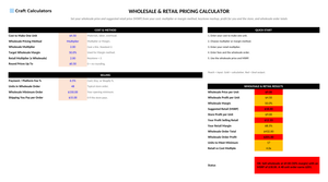 Wholesale & Retail Pricing Calculator screenshot showing inputs, calculated results, and status line