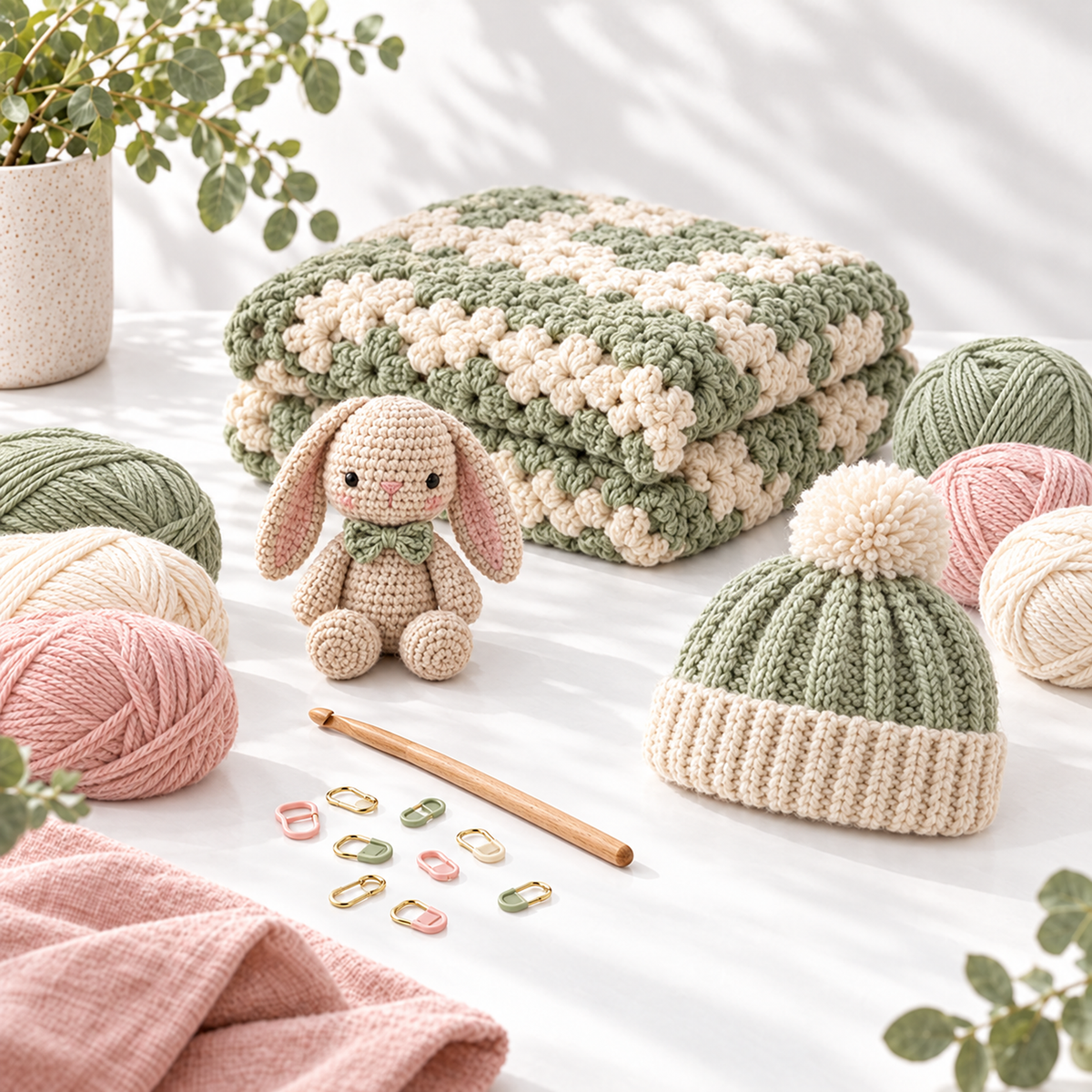 Crochet blanket, yarn skeins, amigurumi bunny, knit beanie, and crochet hook for Craft Calculators crochet and knitting pricing spreadsheets
