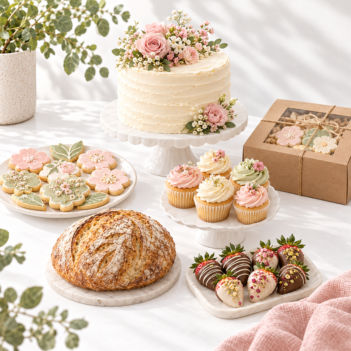 Layer cake with flowers, decorated cookies, cupcakes, sourdough, and chocolate strawberries for Craft Calculators home bakery pricing spreadsheets