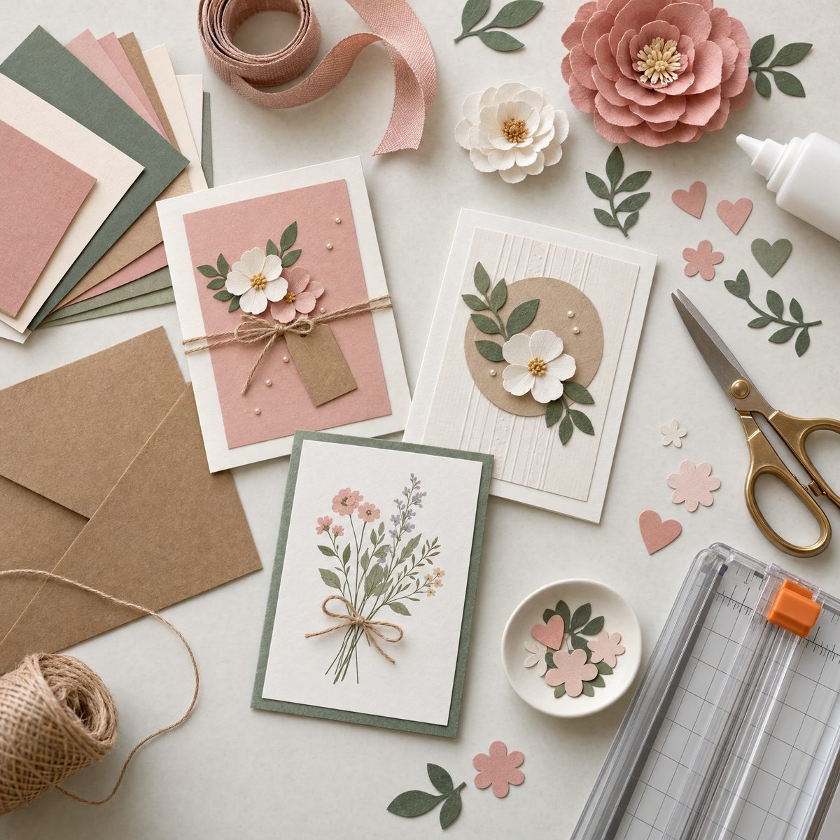 Paper craft business calculators category cover with handmade cards, cardstock, paper flowers, scissors, and craft tools.