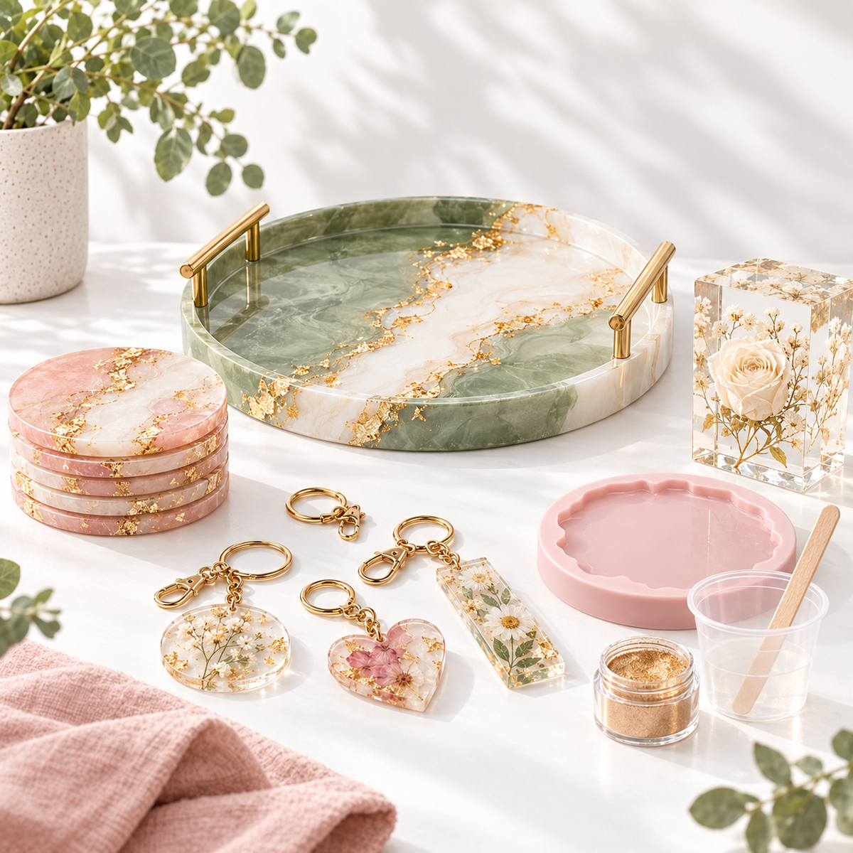 Handmade resin art coasters, serving tray, flower block, keychains, and silicone mold for Craft Calculators resin pricing spreadsheets