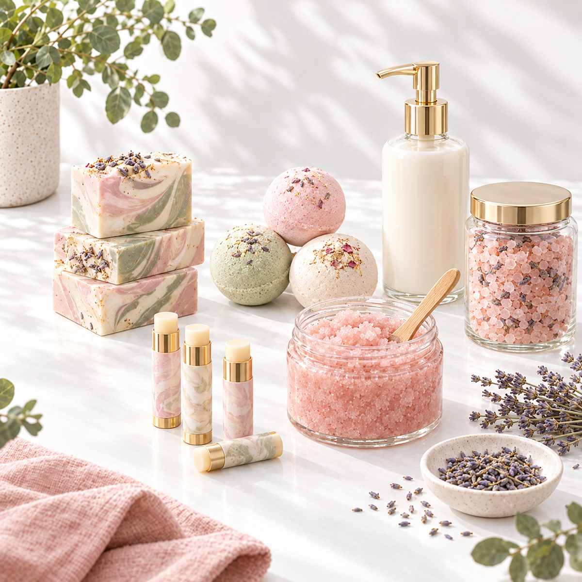 Handmade soap bars, bath bombs, sugar scrub, lotion, lip balm, and bath salts for Craft Calculators soap and bath pricing spreadsheets