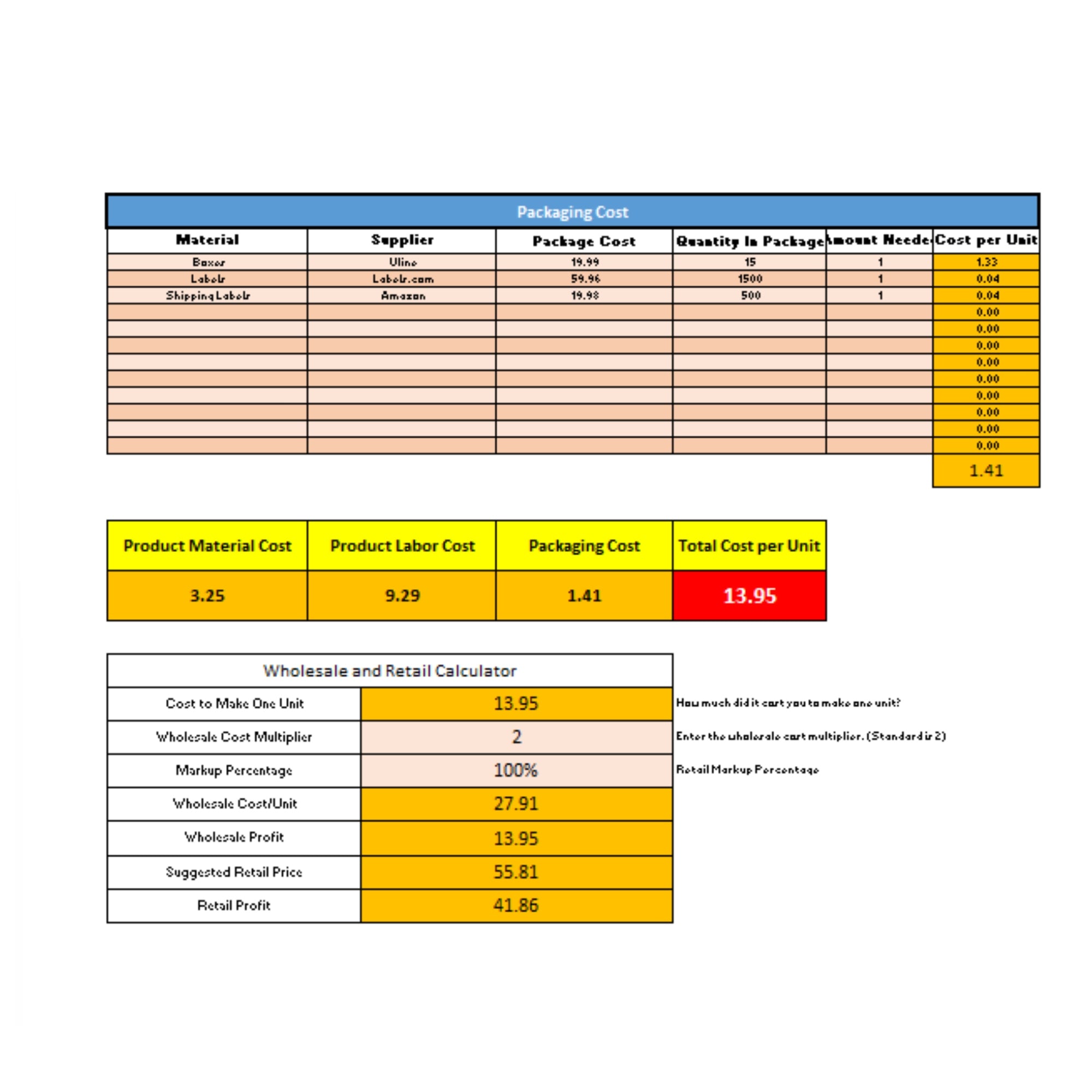 Craft Pricing Spreadsheet - Allocate Labor and Packing Costs efficiently for crafting projects.