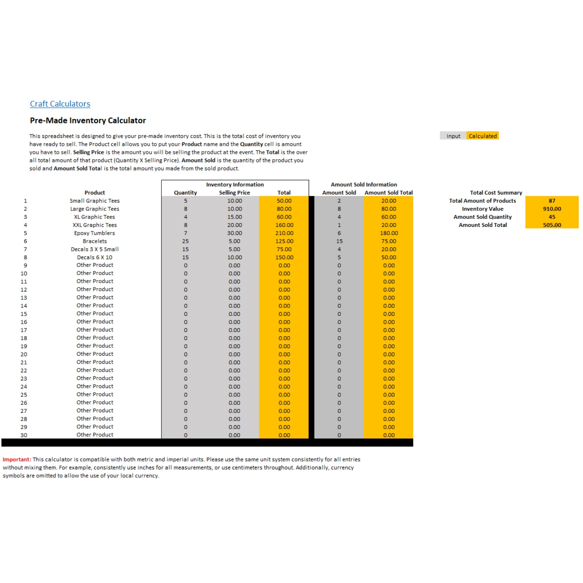 Close-up of Craft Show Event Calculator showcasing editable fields for tracking fees and labor.