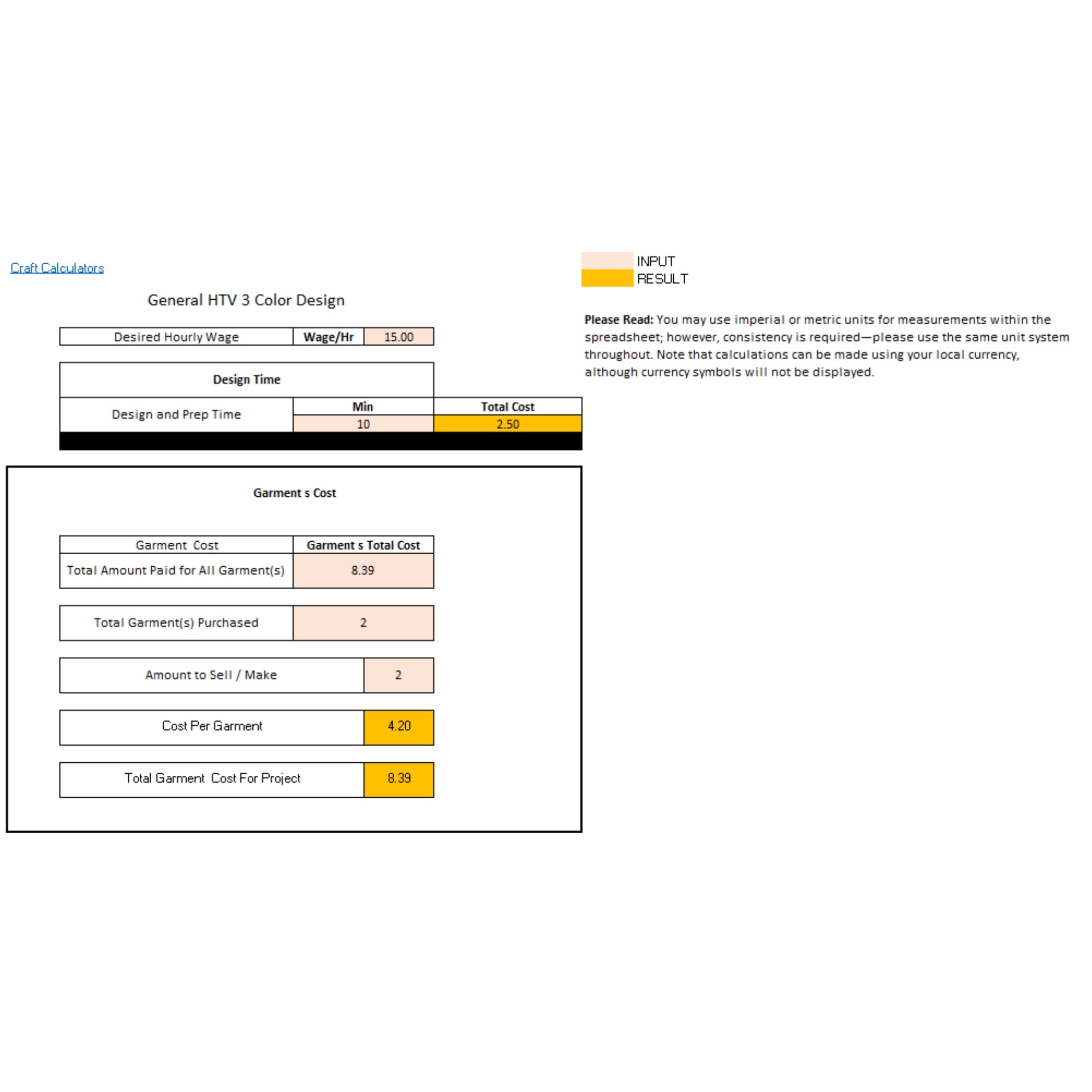 HTV 3 Color Design Product Cost Calculator (Universal Products)