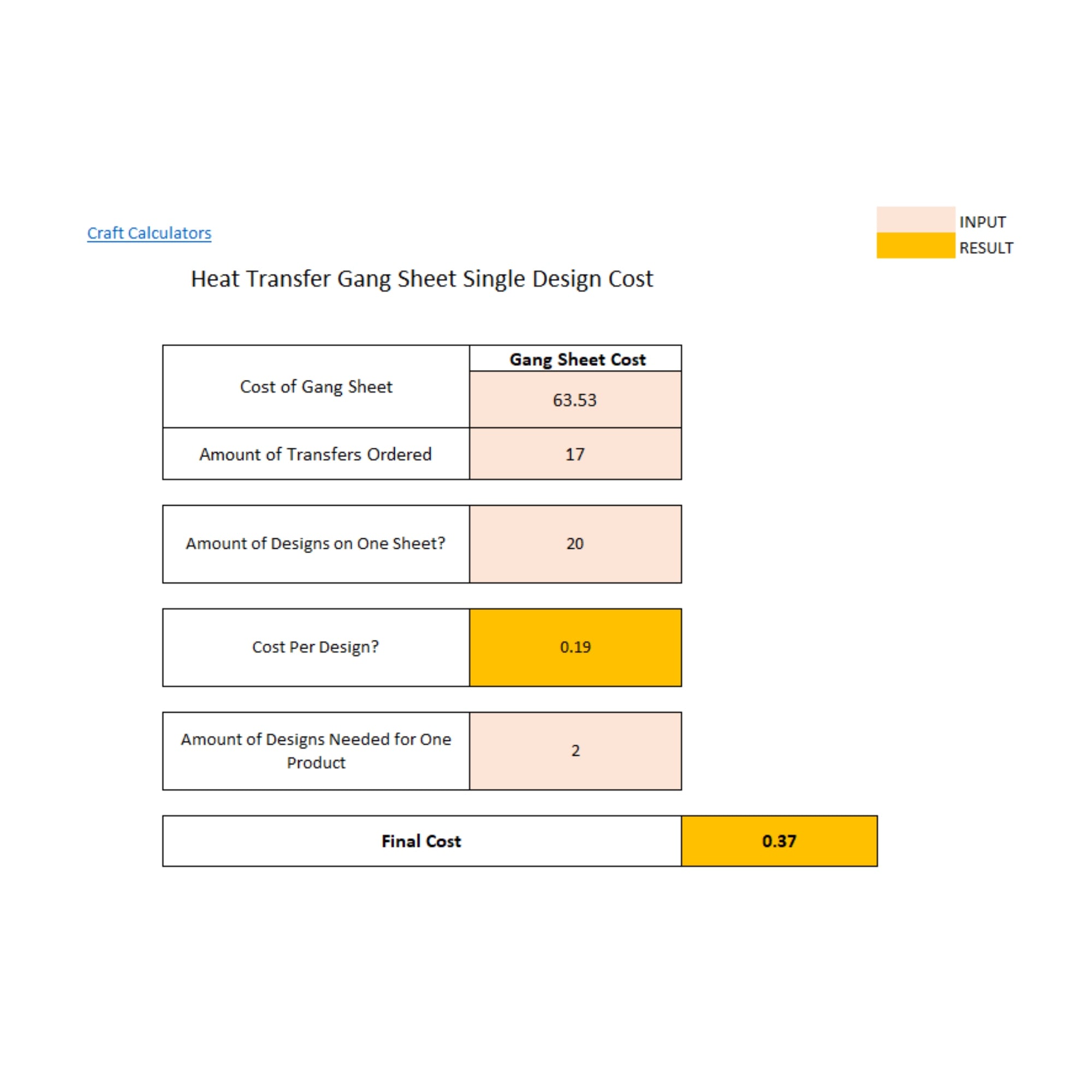 Heat Transfer Gang Sheet Design Cost Calculator