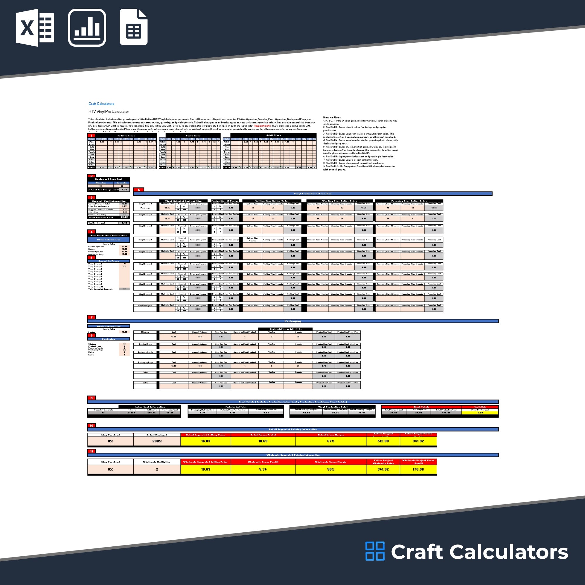 Advanced HTV Vinyl Pricing Calculator for Up to 10 Designs - Screenshot showing the calculator interface with design inputs and cost outputs.