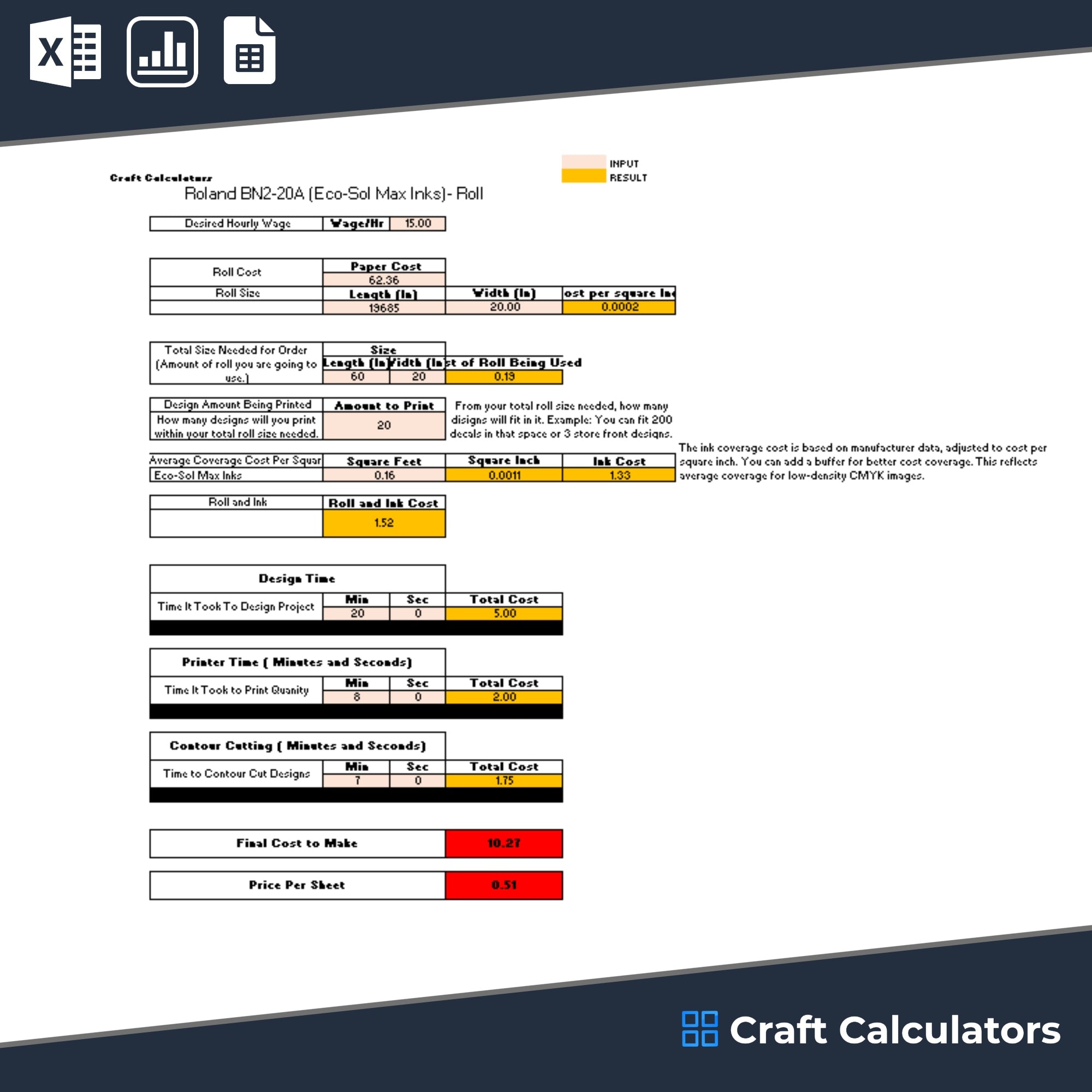 Roland BN2-20A Sublimation Calculator (Roll) | Product Cost & Ink Usage Tool