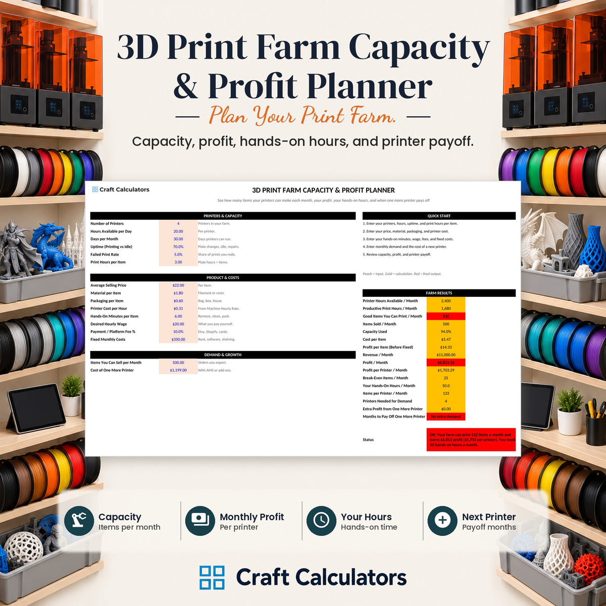 3D Print Farm Capacity & Profit Planner spreadsheet by Craft Calculators for 3D printing sellers