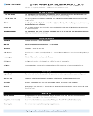 3D Print Painting & Post-Processing Cost Calculator instructions tab explaining how to use the workbook and what the results mean