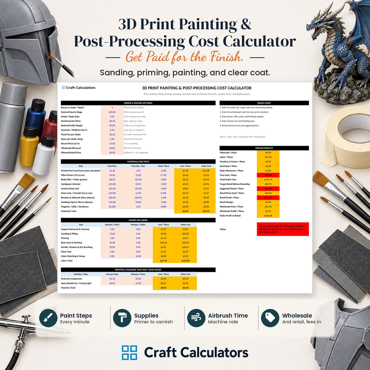 3D Print Painting & Post-Processing Cost Calculator spreadsheet by Craft Calculators for 3D printing sellers