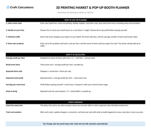 3D Printing Market & Pop-Up Booth Planner instructions tab explaining how to use the workbook and what the results mean