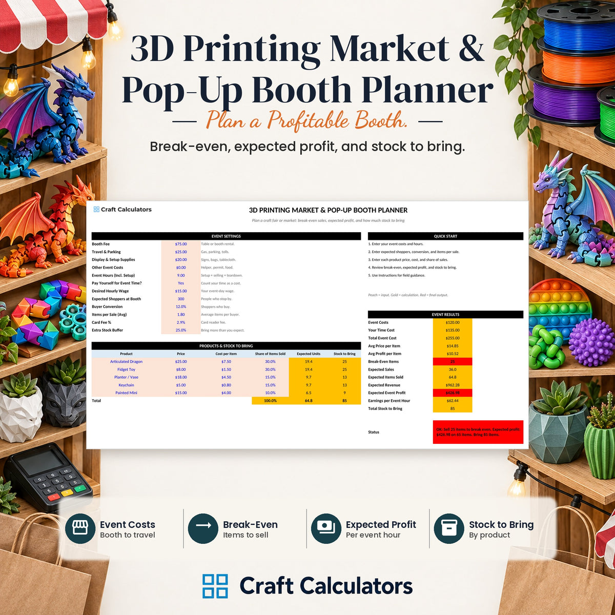 3D Printing Market & Pop-Up Booth Planner spreadsheet by Craft Calculators for 3D printing sellers