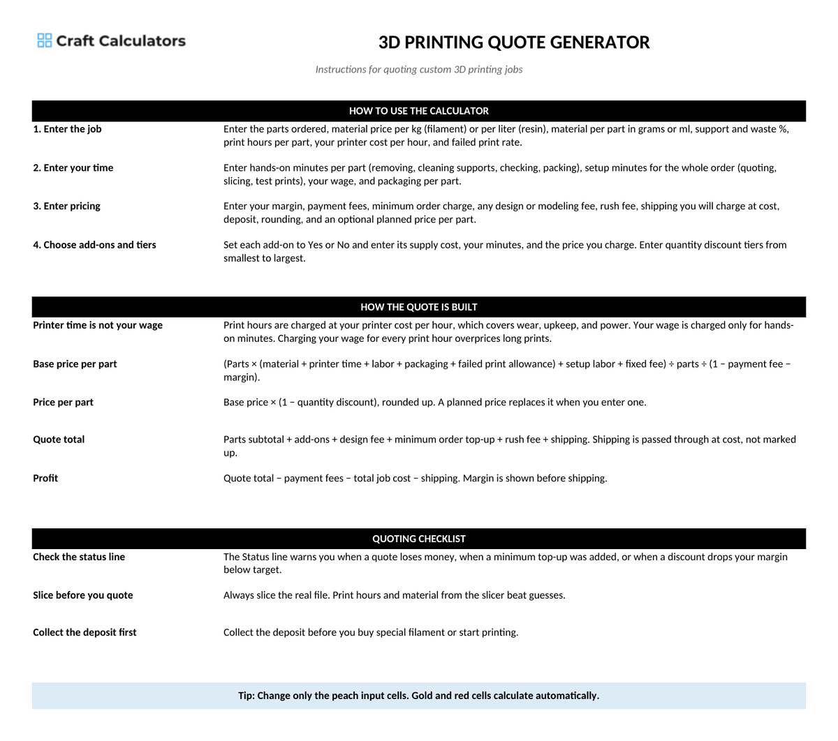3D Printing Quote Generator instructions tab explaining how to use the workbook and what the results mean