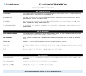 3D Printing Quote Generator instructions tab explaining how to use the workbook and what the results mean