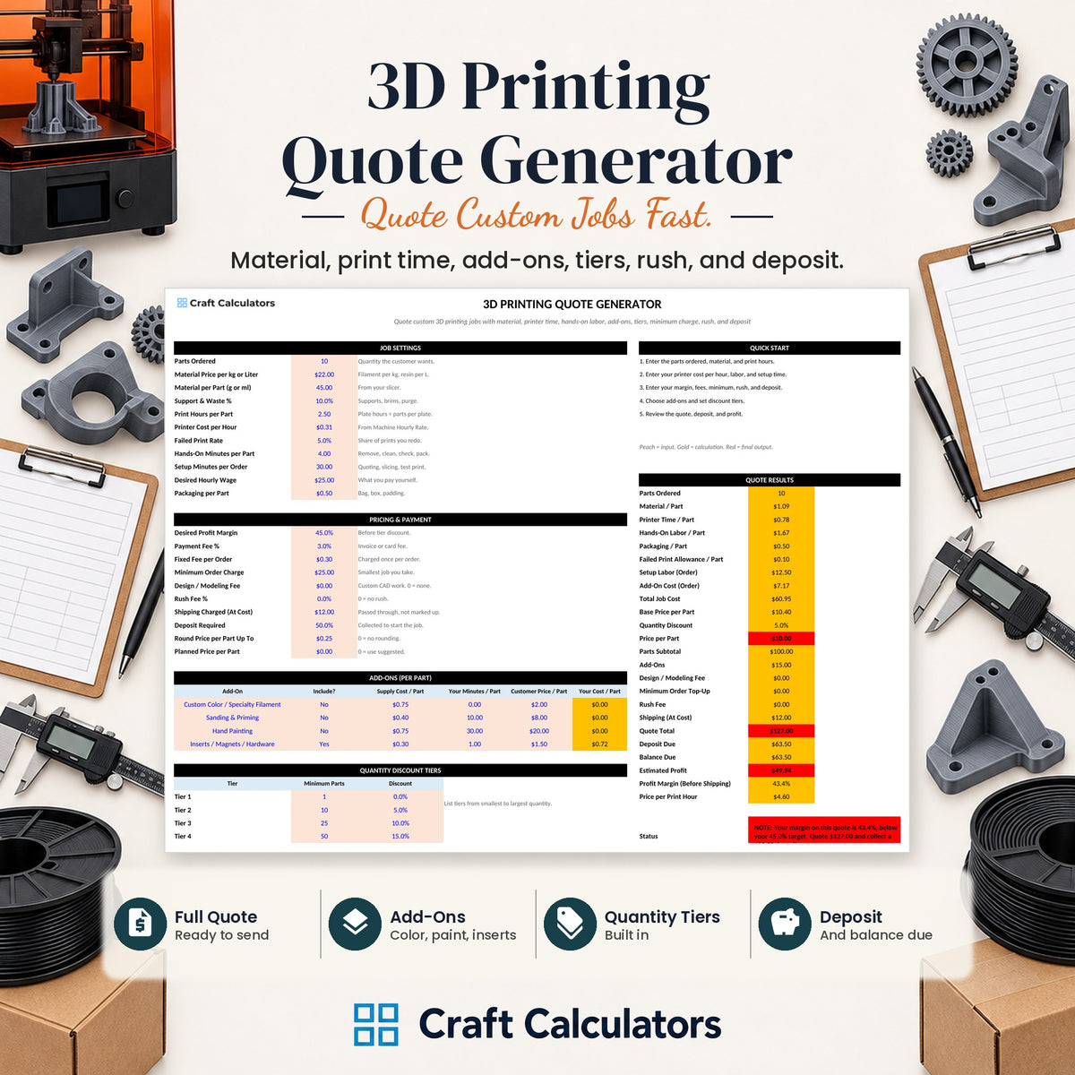 3D Printing Quote Generator spreadsheet by Craft Calculators for 3D printing sellers