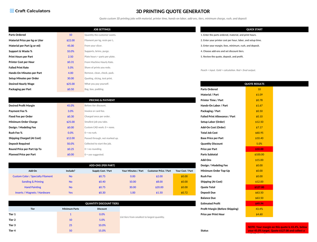 3D Printing Quote Generator screenshot showing inputs, calculated results, and status line