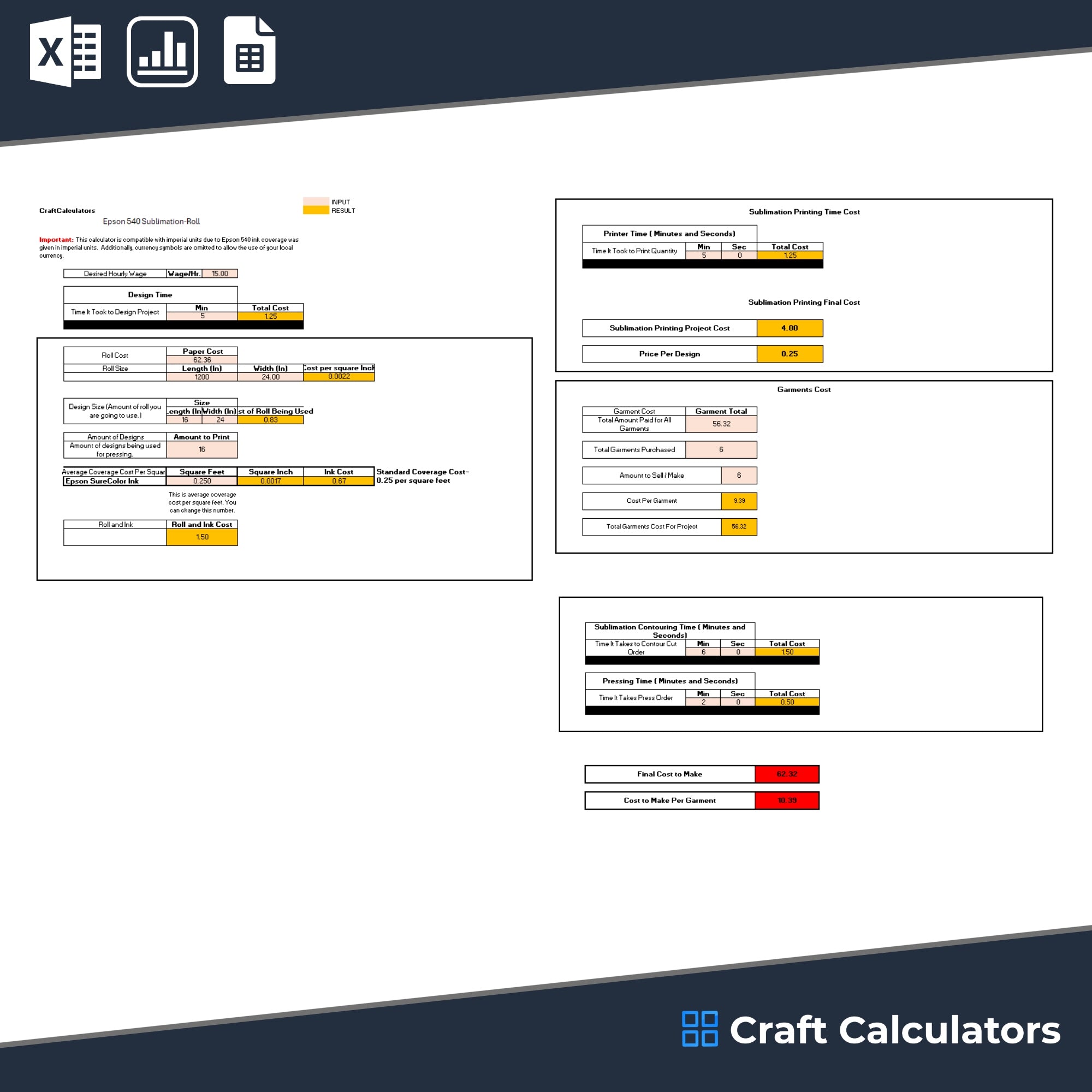 Epson 540 Sublimation Calculator (Rolls) | Product Cost & Ink Paper Usage Tool