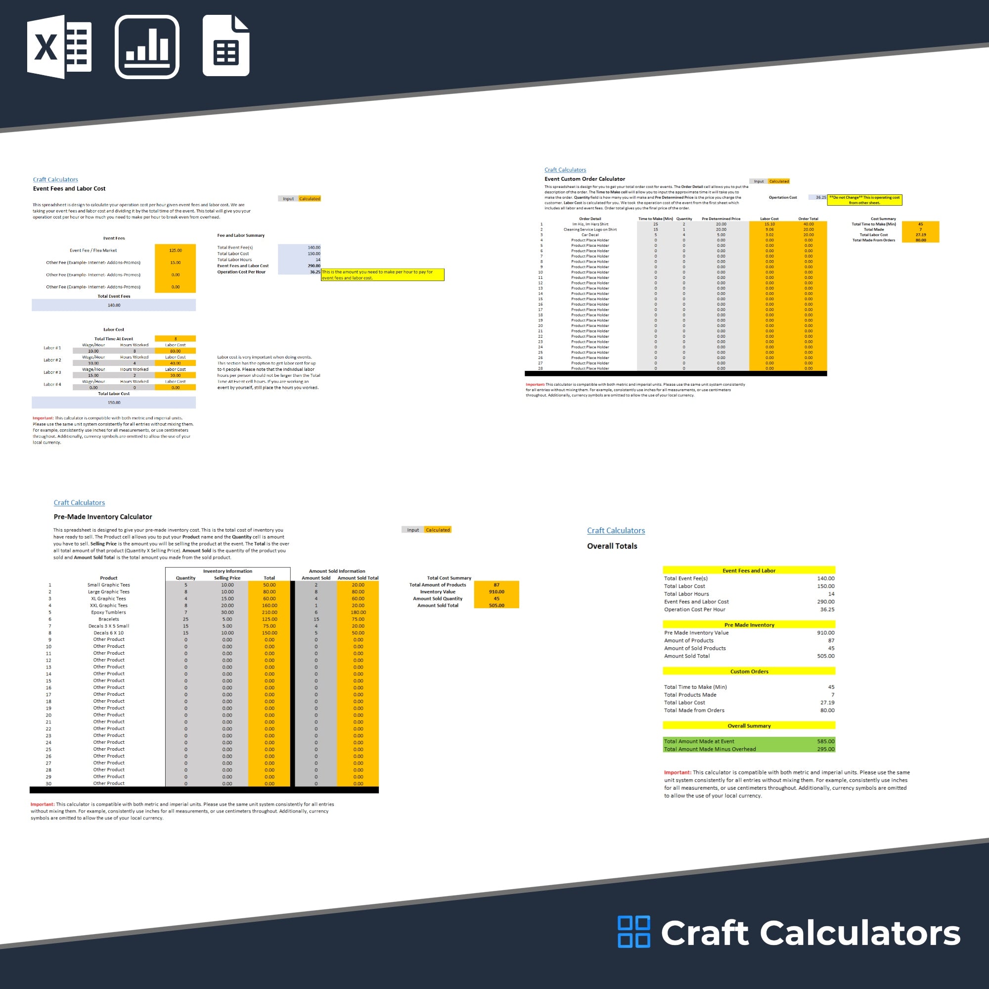 Craft Show Event Calculator interface showing labor costs, inventory tracking, and sales management.