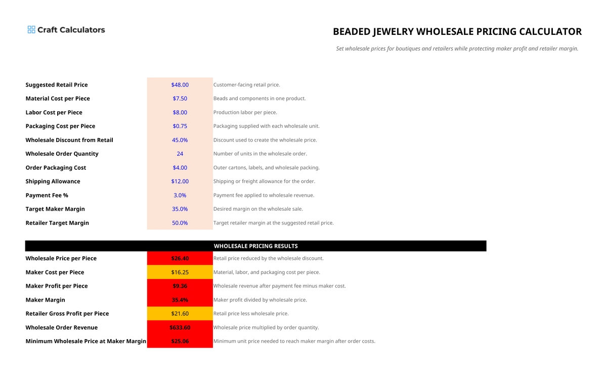 Beaded Jewelry Wholesale Pricing Calculator