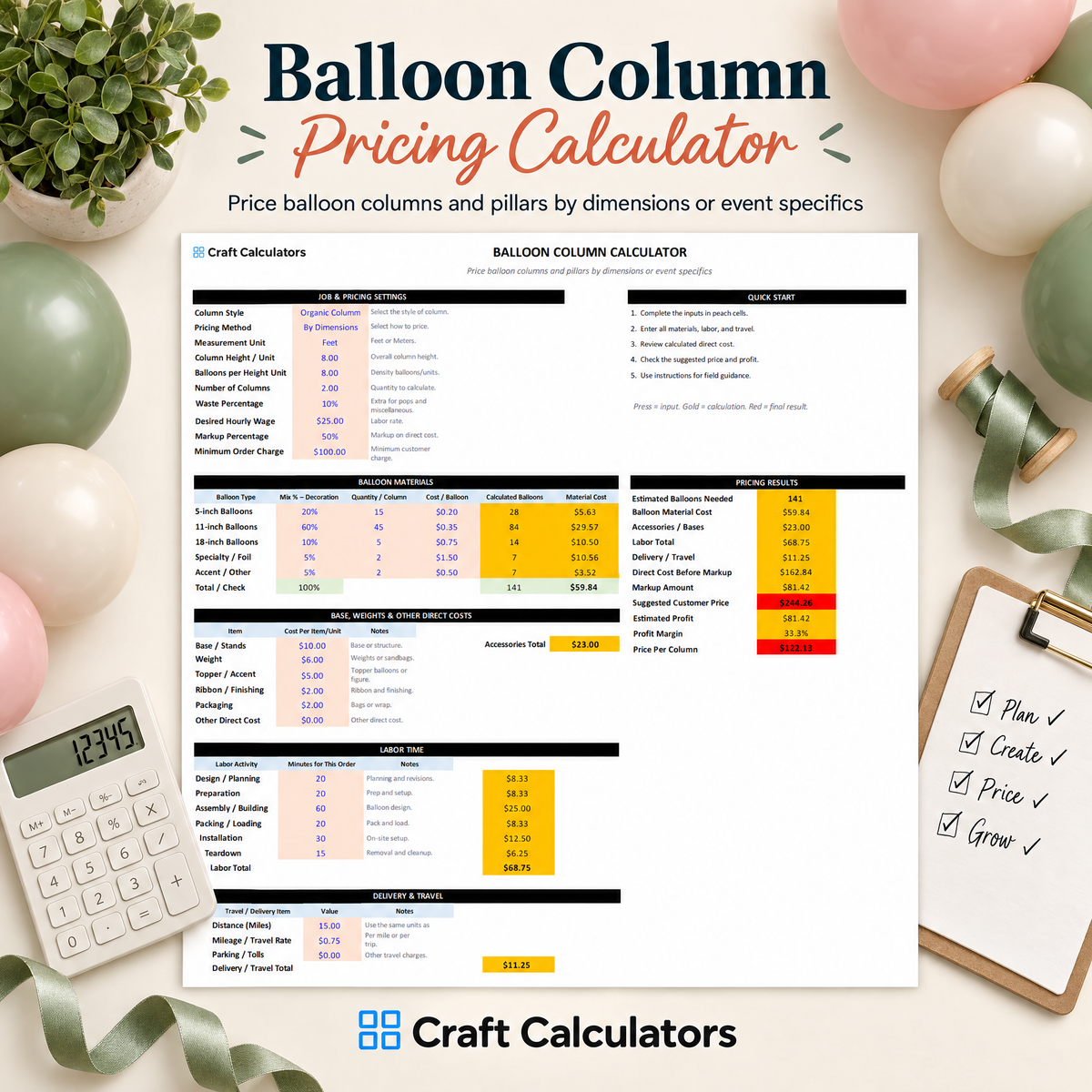 Balloon Column Pricing Calculator Spreadsheet