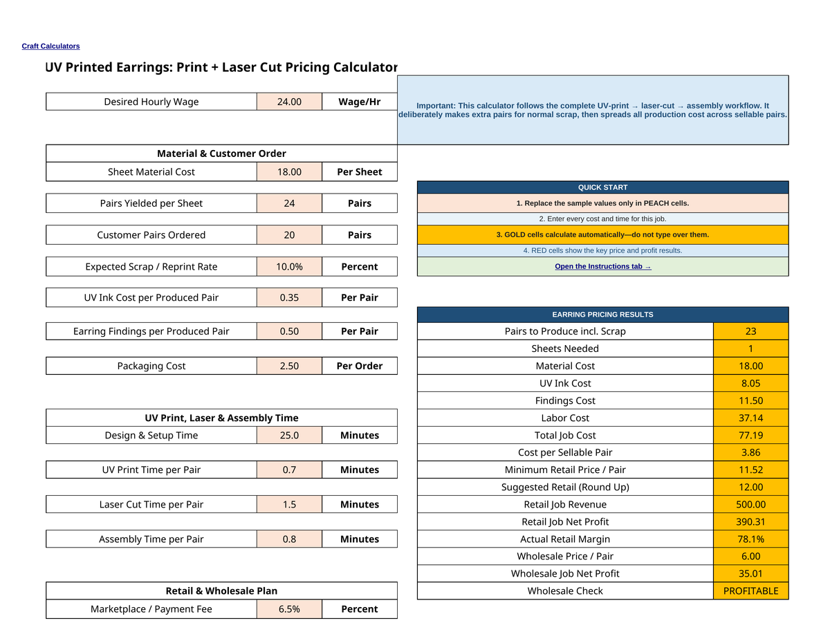 UV Printed Earrings Print + Laser Cut Pricing Calculator spreadsheet screenshot