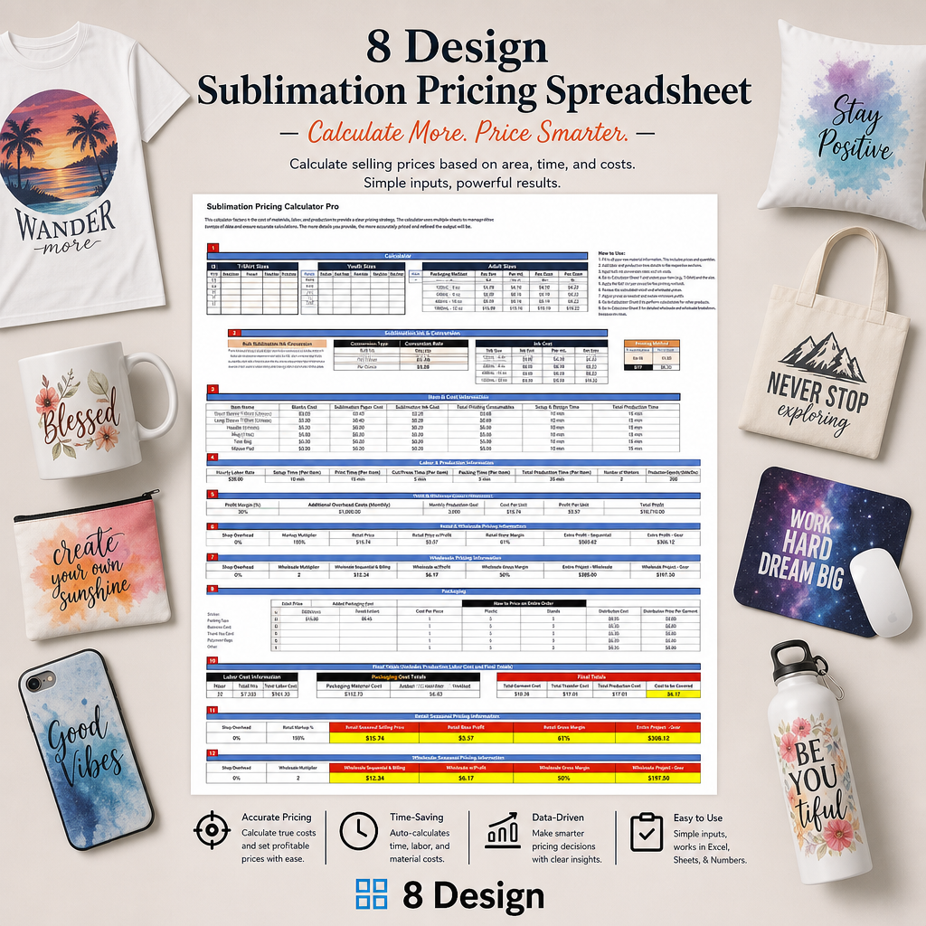 8 Design Sublimation Pricing Spreadsheet