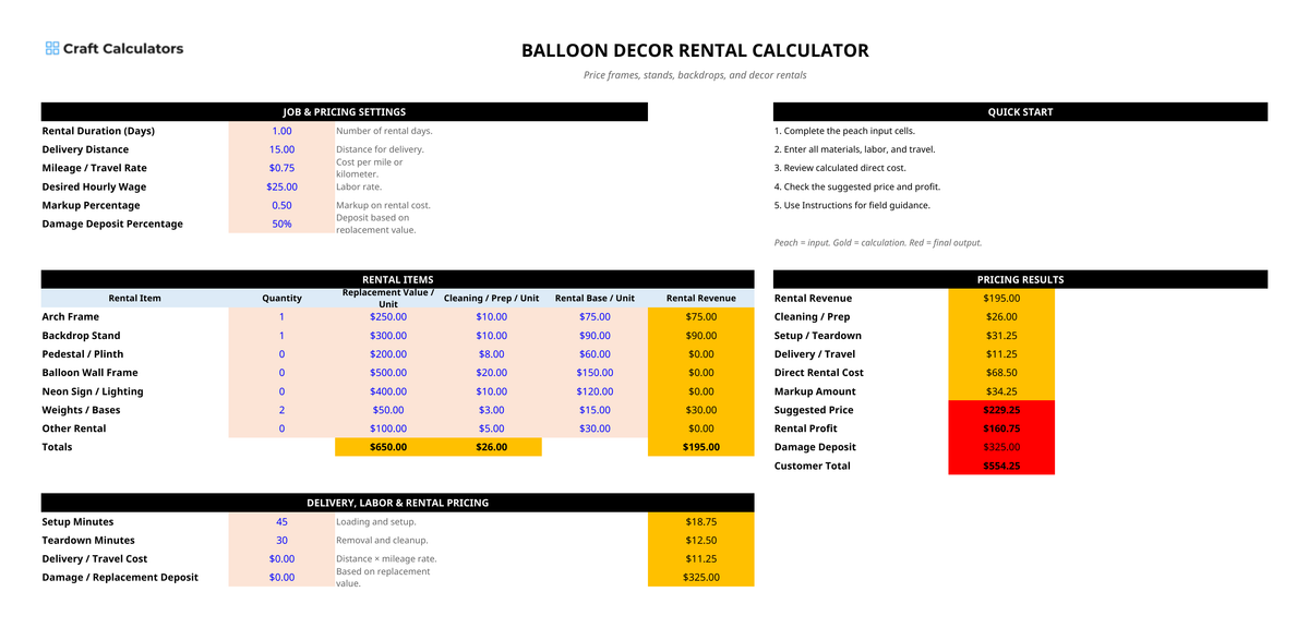 Balloon Decor Rental Pricing Calculator Spreadsheet