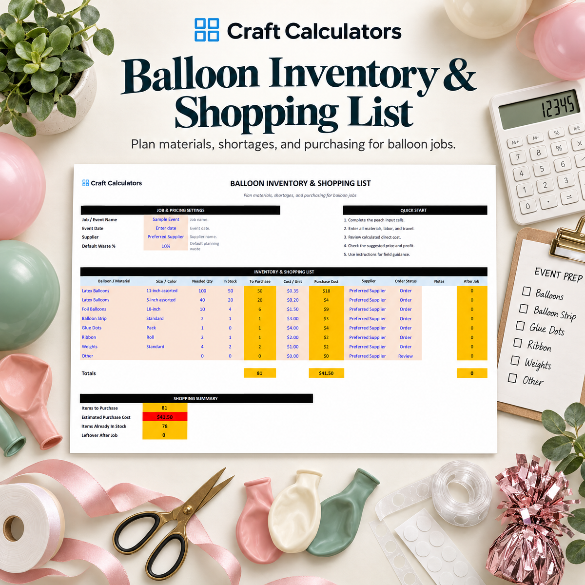 Balloon Inventory & Shopping List Spreadsheet