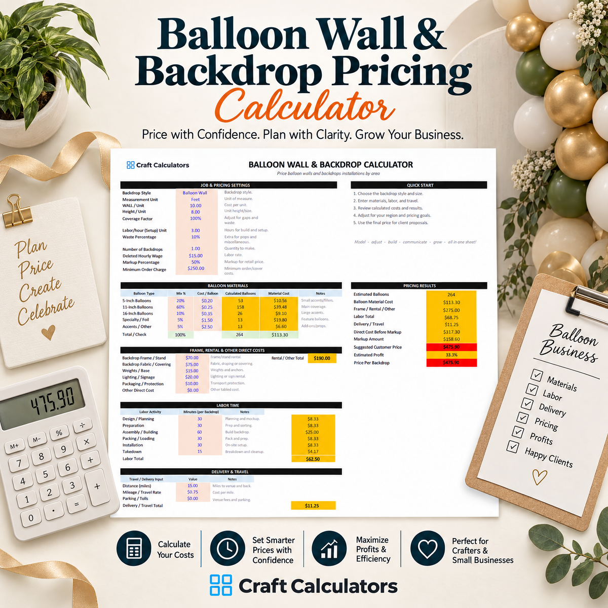 Balloon Wall & Backdrop Pricing Calculator Spreadsheet