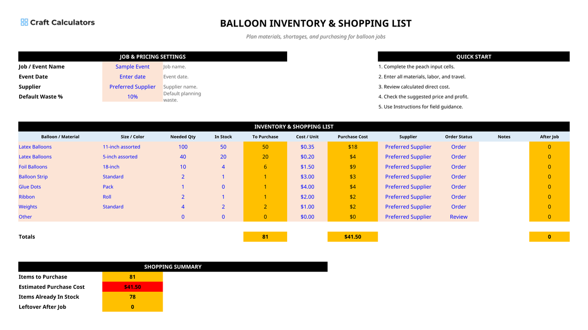 Balloon Inventory & Shopping List Spreadsheet