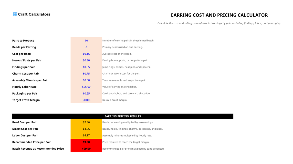 Earring Cost and Pricing Calculator