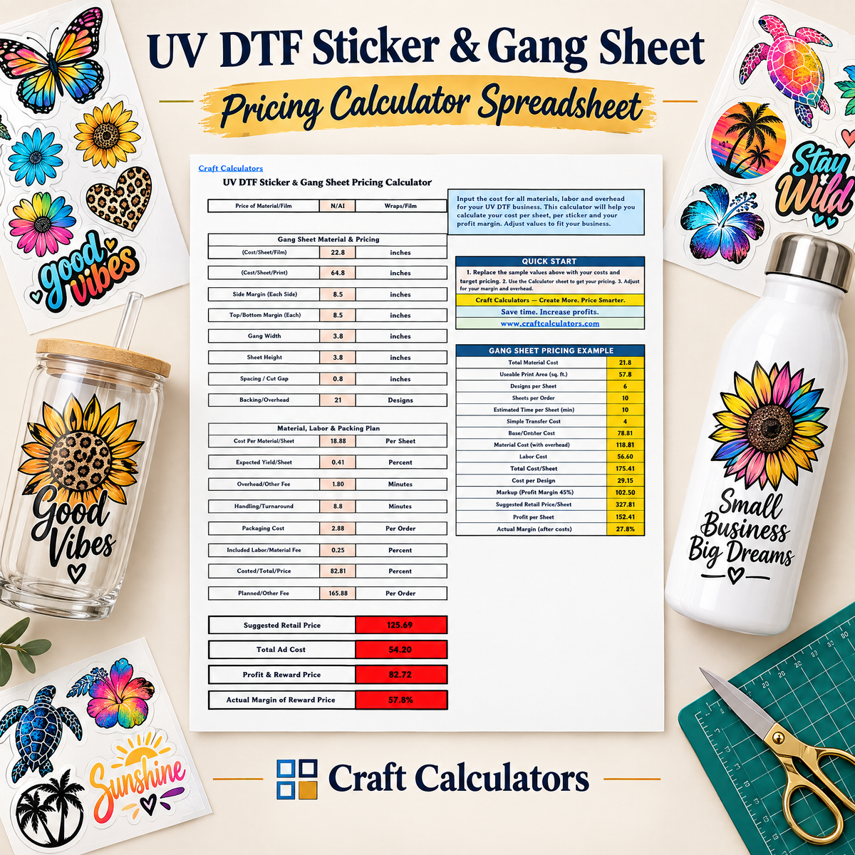 UV DTF Sticker and Gang Sheet Pricing Calculator Spreadsheet cover image