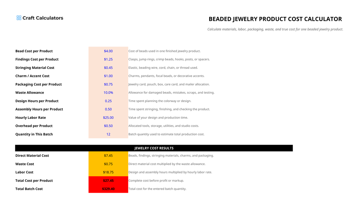 Beaded Jewelry Product Cost Calculator