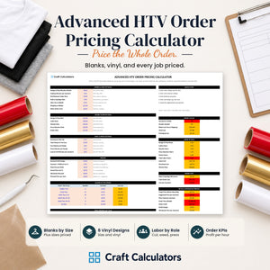 Advanced HTV Order Pricing Calculator spreadsheet by Craft Calculators for handmade sellers