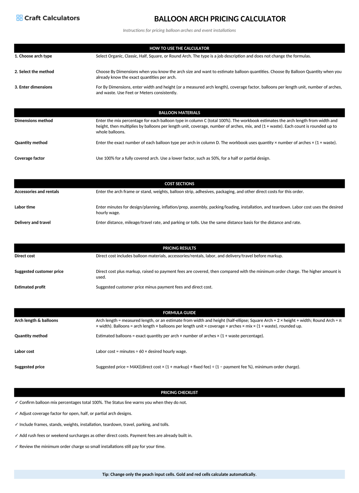 Balloon Arch Pricing Calculator instructions tab explaining how to use the workbook and what the results mean