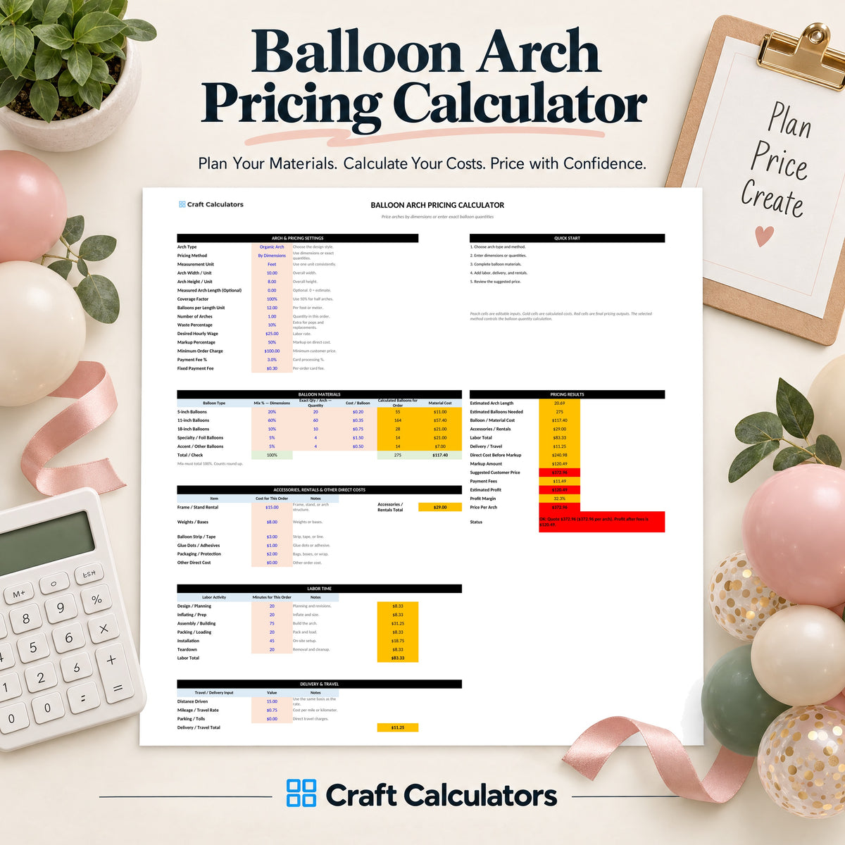 Balloon Arch Pricing Calculator spreadsheet by Craft Calculators for balloon decorators
