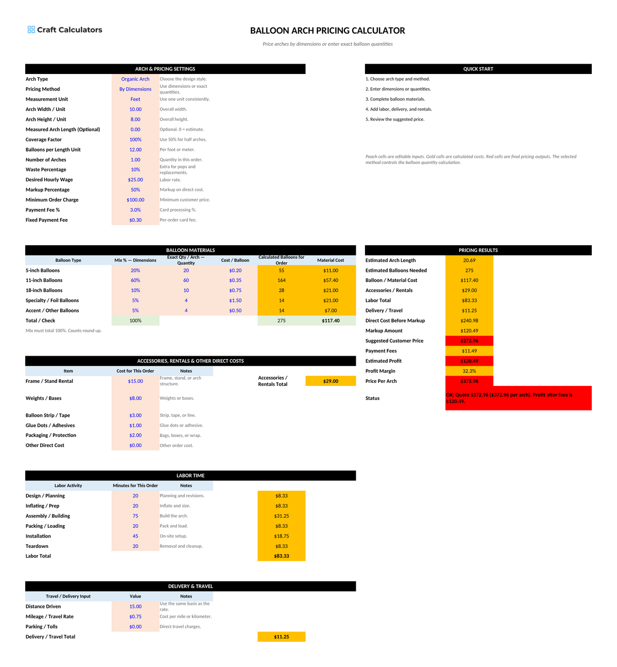 Balloon Arch Pricing Calculator screenshot showing inputs, calculated results, and status line