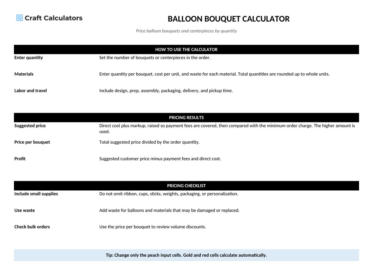 Balloon Bouquet & Centerpiece Pricing Calculator instructions tab explaining how to use the workbook and what the results mean