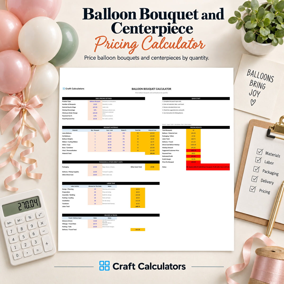 Balloon Bouquet & Centerpiece Pricing Calculator spreadsheet by Craft Calculators for balloon decorators
