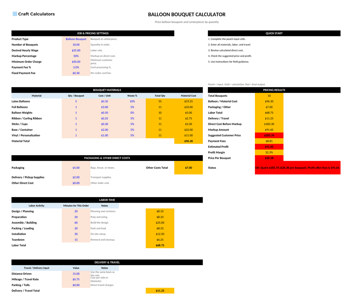 Balloon Bouquet & Centerpiece Pricing Calculator screenshot showing inputs, calculated results, and status line