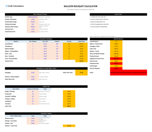 Balloon Bouquet & Centerpiece Pricing Calculator screenshot showing inputs, calculated results, and status line