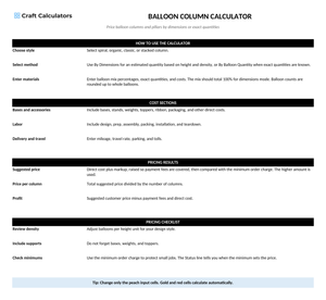 Balloon Column Pricing Calculator instructions tab explaining how to use the workbook and what the results mean